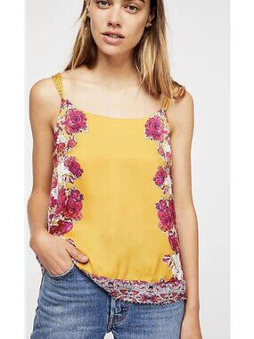 INTIMATELY FREE PEOPLE Move Lightly Satin Cami Floral Beaded Top Medium Boho Y2K